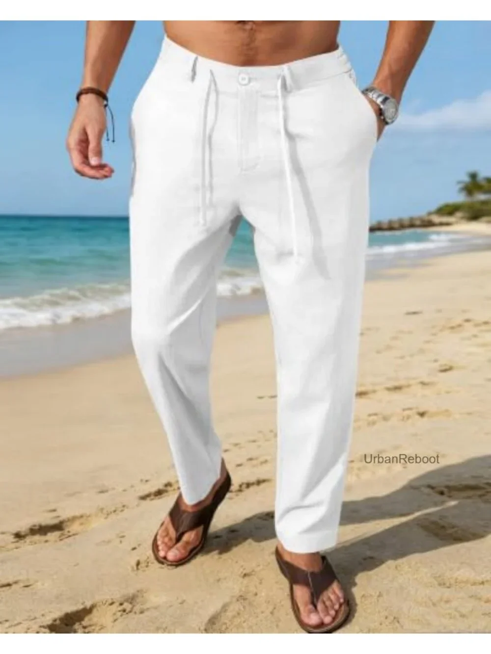 Mens Linen Pants Casual Drawstring Summer Lightweight Trousers 4 Pockets